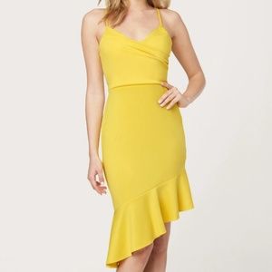 Bebe Dress Yellow Angled Flounce Midi Size 4 NWT